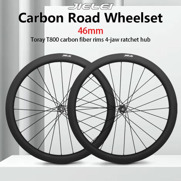 JIELEI High Quality 700c Carbon Fibre Bicycle Wheelset 46mm 24 Holes Four Claw Clincher Disc Brake Tubeless Road Bike Wheels
