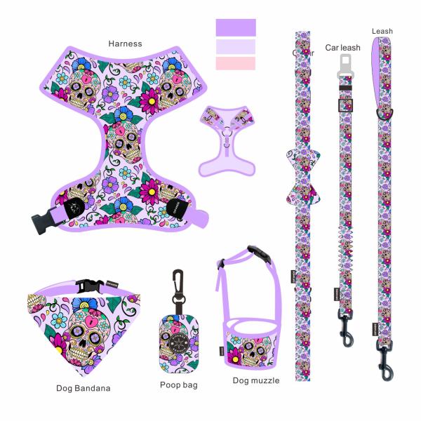 7 Pieces Small Soft Dog Harness M Size Collar Leash Set Ribbon Decoration