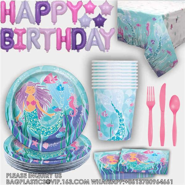 Mermaid Series Paper Straws Cup Plate Set Kid Table Decoration Wedding Birthday Party Supplies Mermaid Disposable