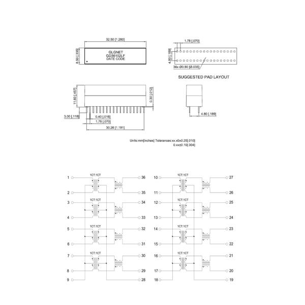 3.0 Mm Power Over Ethernet Transformer 36 Soldering Foots In 2 Rows