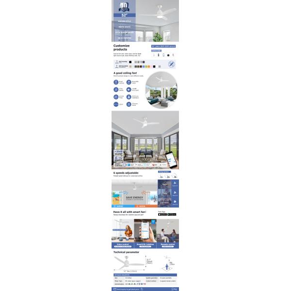 Low Profile DC110V Dimmable LED Ceiling Fan Reversible Quiet DC Motor