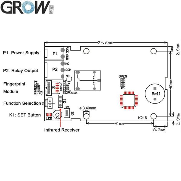 GROW KL216+R502-AW Capacitive Fingerprint Access Control Board Scanner Module With Jog Mode/Ignition Mode/Self-locking Mode