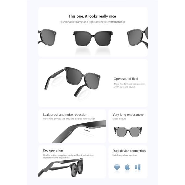 10 Hours Black Smart Music Bluetooth Sunglasses With Call High Capacity 110mAh*2 Bluetooth Version BT 5.3