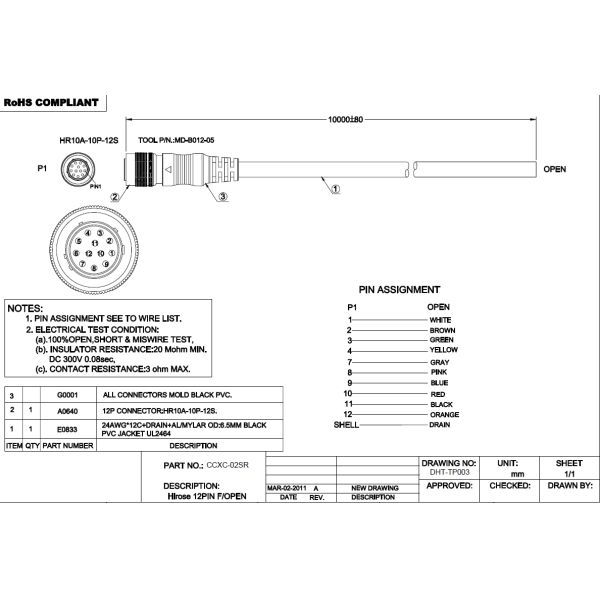 Overmolded Hirose Hr10 Chainflex Cable DC 300V 0.08sec For Analog CCD Cameras