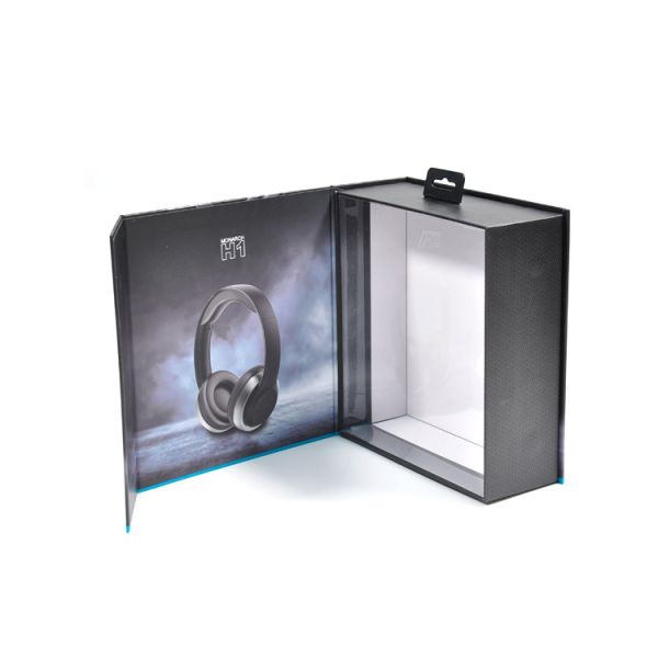 Luxury Black Lacquer Custom Logo Headset Packaging Box With Hanging Hole