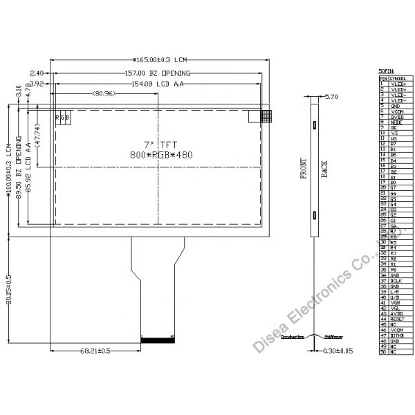 50 Pin Rgb Lcd Screen 800x480 7 Inch With Sunlight Readable