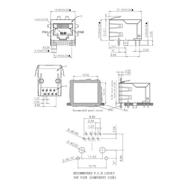Gold Plated EMI Tabs RJ45 Without Magnetics 90° Right Angle Side Entry