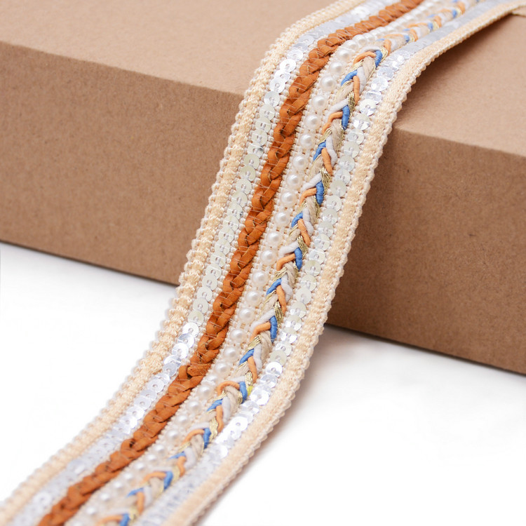 China KJ20013 Beiged Crochet Sequin Braid Trim 4cm wholesale