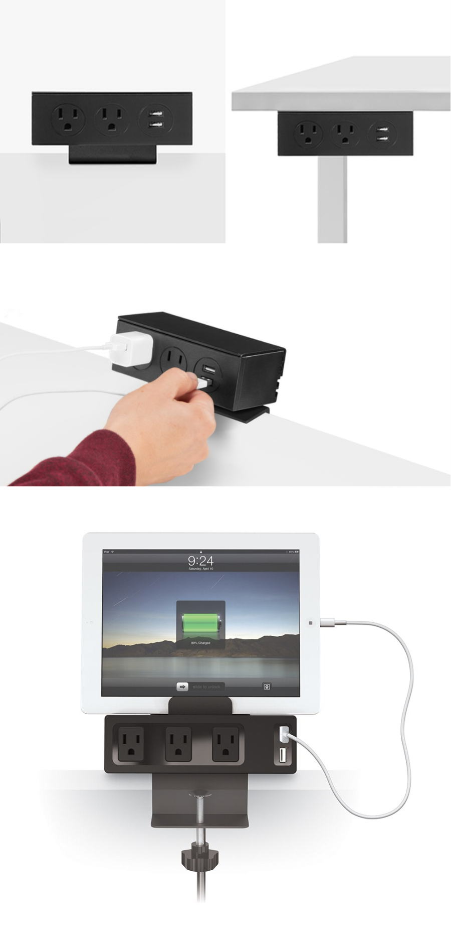 Boente Grade AA 6.56 Ft Cord 3 France Power and 2 USB Black Furniture Conference Power Port