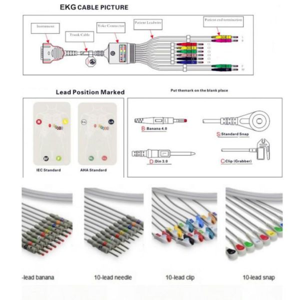 High Performance Spacelabs Ecg Cable 3 Lead Snap End AHA17 Pin
