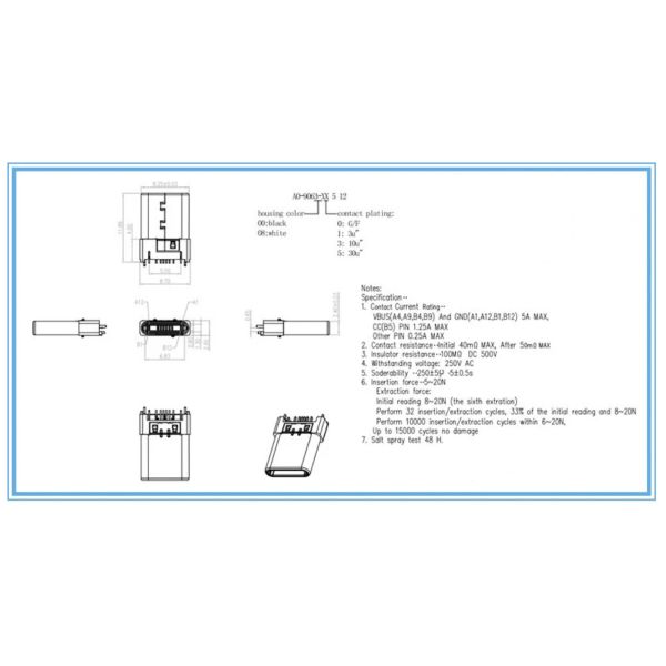 ROHS Certificate 5.0AMP USB 2.0 Type C 12 Pin Plug Connector