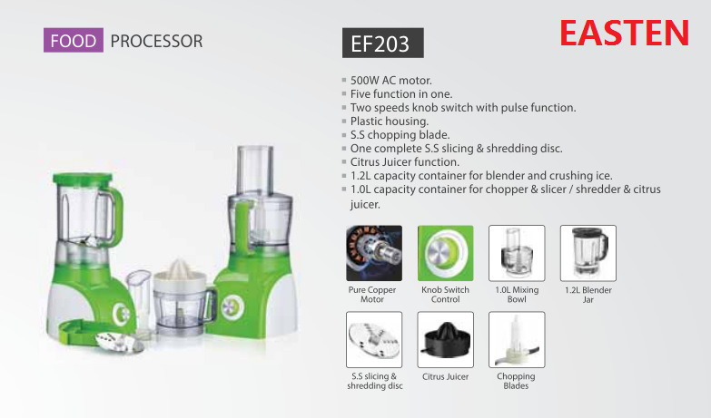 Easten Small Food Processor EF203/ 500W Kitchen Use Food Processor/ 1.2 Liters Mixing Bowl Meat Mincer