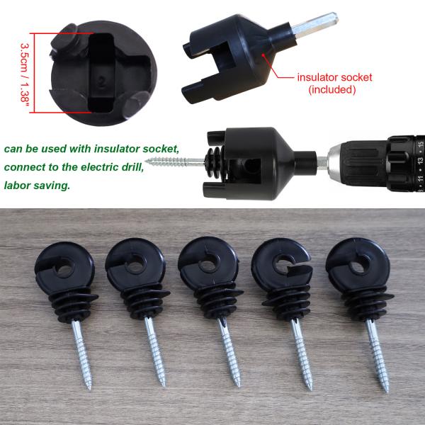 Self-Tapping Insulator Electric Fence Insulators Screw-In Wood Post Insulator With Insulator Socket Tool (Fit For Electric Drill)