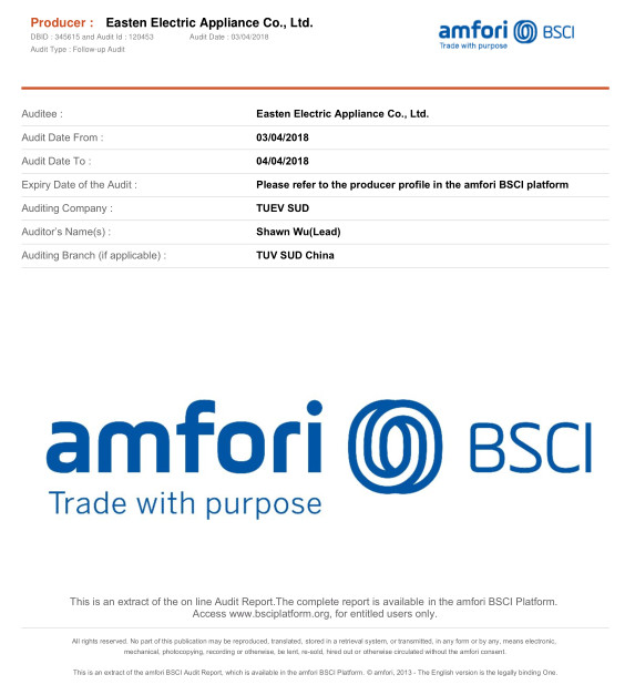 Easten Electric Appliance Co.,LTD Certifications