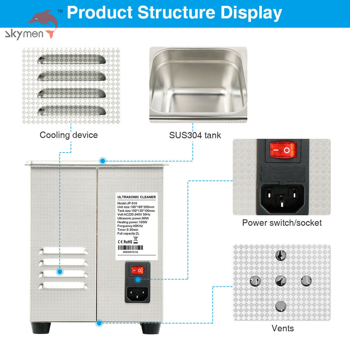 40KHz Table Top Ultrasonic Cleaner 2 Liter 100W Heating Function For Lab Tools