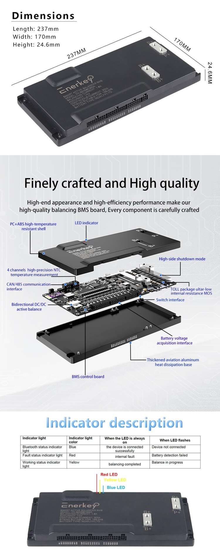 Enerkey BMS 200A 250A 300A 16S-24S Active Balance BMS Balance Current 8A Continuous Current 15A-300A Lifepo4 li-ion LTO Battery