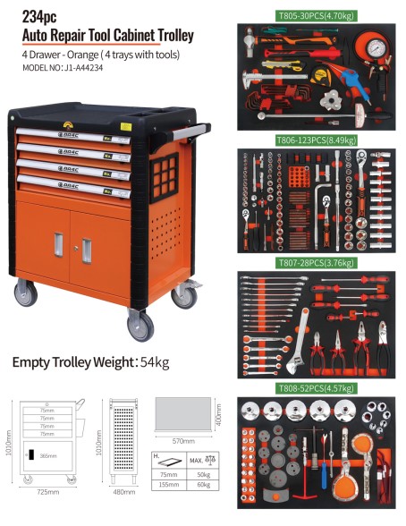 4 Drawers Mobile Tool Cabinet Chests 234pcs
