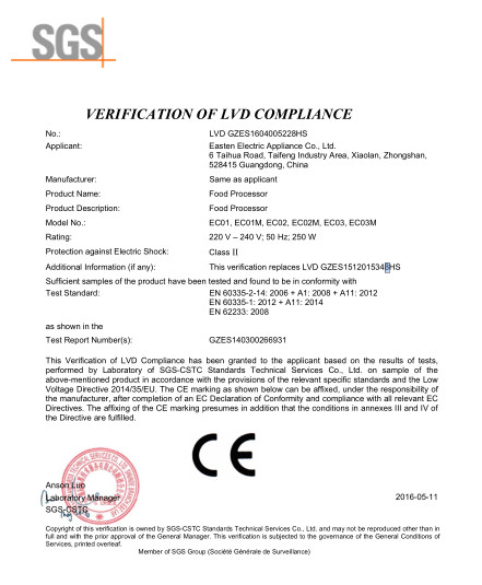 Easten Electric Appliance Co.,LTD Certifications