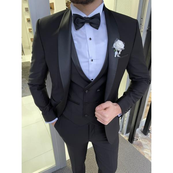 Men'S 3pc Tuxedo Suit Hanover Black Slim Fit Shawl Lapel Tuxedo