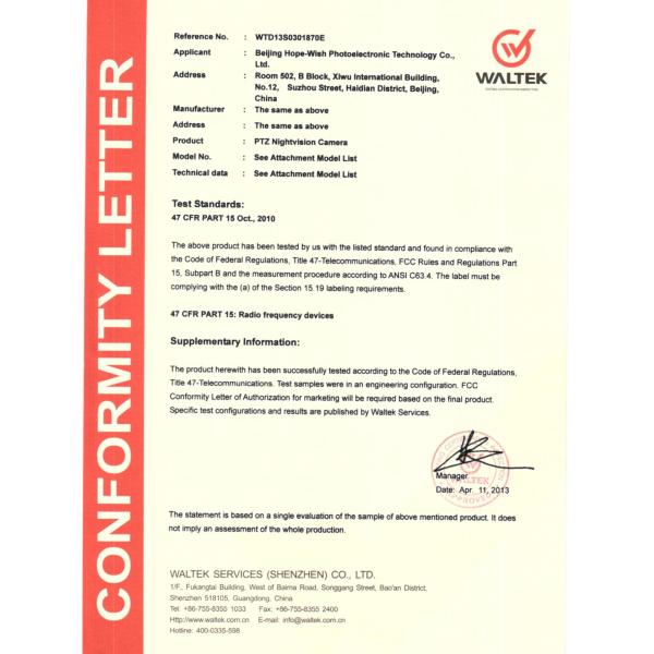 Jinan Hope-Wish Photoelectronic Technology Co., Ltd. Certifications