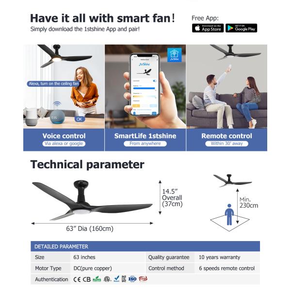 Flush Mount Smart Ceiling Fan With DC Motor 3 Plastic Blades Engry-Saving