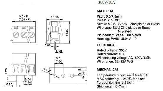 7.50mm Pitch PCB Mounted Screw Terminal Blocks 2P 3P Jointable