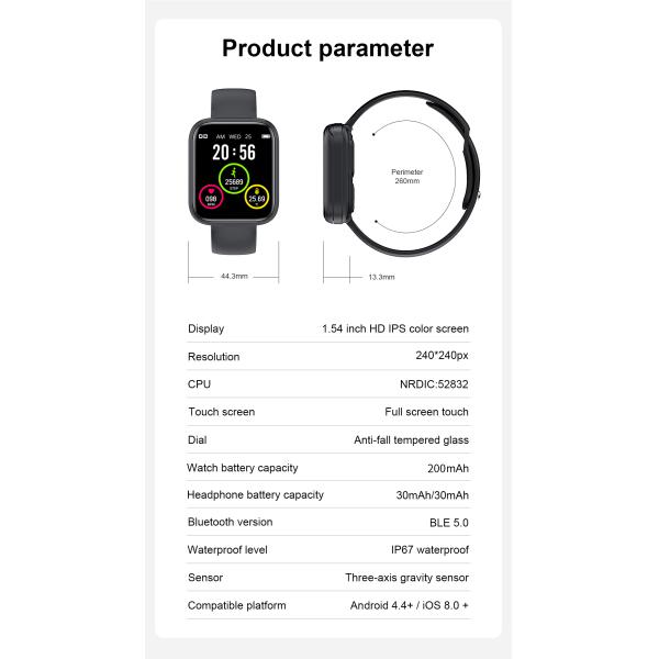 1.54inch X5 Smart Watch IP67 Heart Rate Blood Pressure Oxygen Watch Bracelet With Tws Earbuds