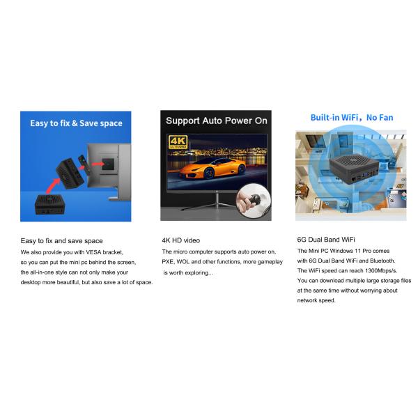 Kensington Lock Fanless Mini PC N4505 N5105 N6005 CPU HDMI DP VGA 6xUSB Ports