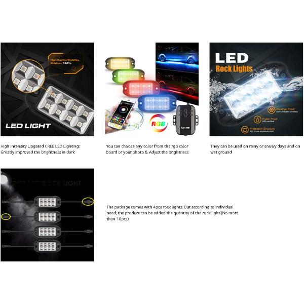 Rock Lights, 4Pcs RGB LED Rock Lights with App & Remote& Flowing/Music/Voice Function&256 Mode for Jeep Off Road Trucks
