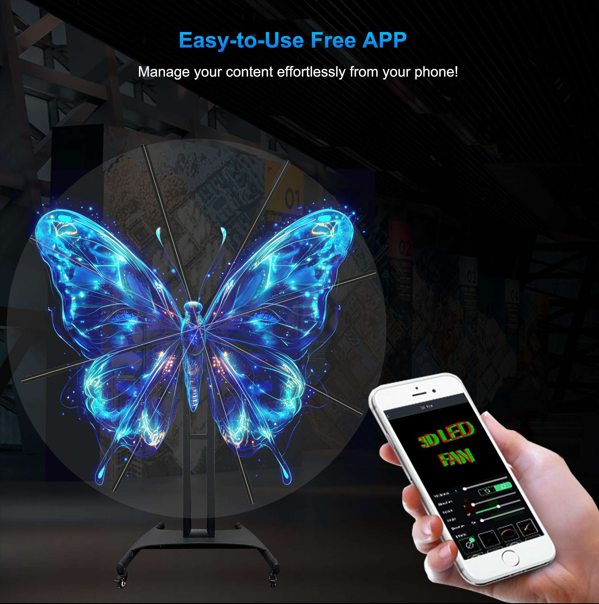 Newest 180cm Big Size Christmas Decorating Led Holographic Display Wifi Hologram 3d Display Led Fan for Advertisement 8 Blades
