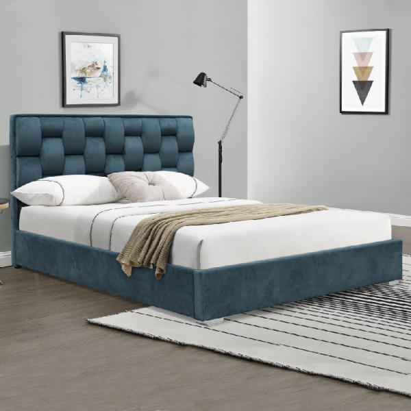 Double Size Velvet Fabric Bed Frame With Tufted High Headboard
