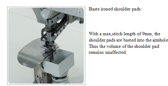 Computerized attaching shoulder pads to armholes and trimming edge sewing machine