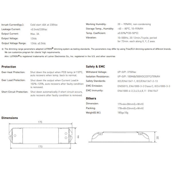 DC12V 36W Dimming Led Driver Constant Current , Triac Dimmer For Led Lighting
