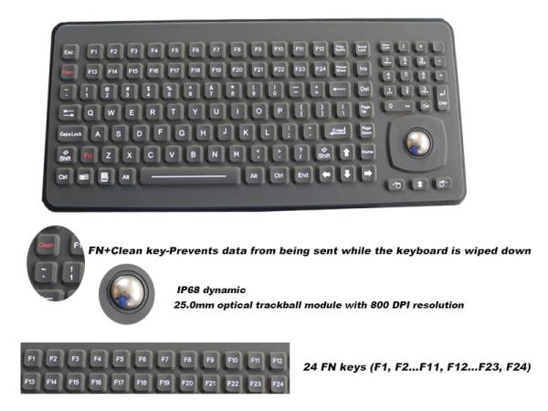 Ruggedized Silicone Rubber Keyboard With Optical Trackball Panel Mount