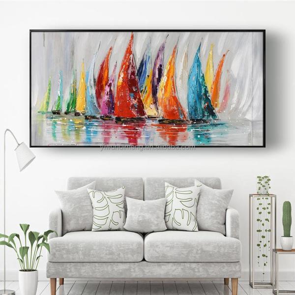 Customized Size Accepted Modern Hand-painted Seascape Wall Art for Living Room Office Decor featuring Sailing Boats Abstract Oil Painting