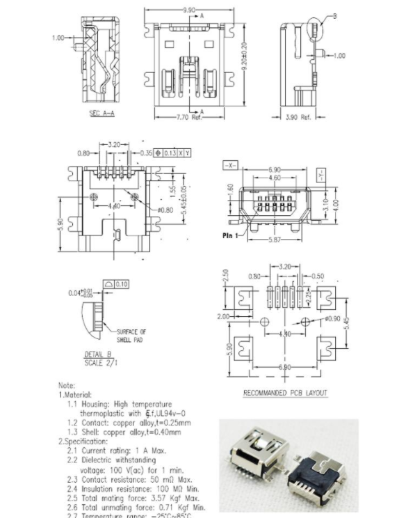 SS Shell B Type 5 Pin 30V DC Micro USB Socket Connector