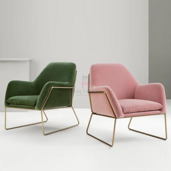Velvet Stainless Steel Base Single Sofa Chair Gold Base Cozy Arm Hotel Lobby Sofa Chair
