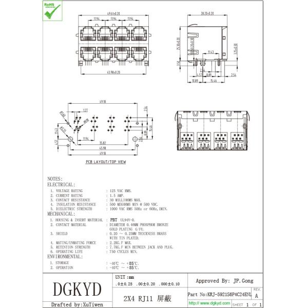 Right Angle PCB Mount Cat 3 2x2 Dual Deck 6p4c RJ11 Jack 4 Ports