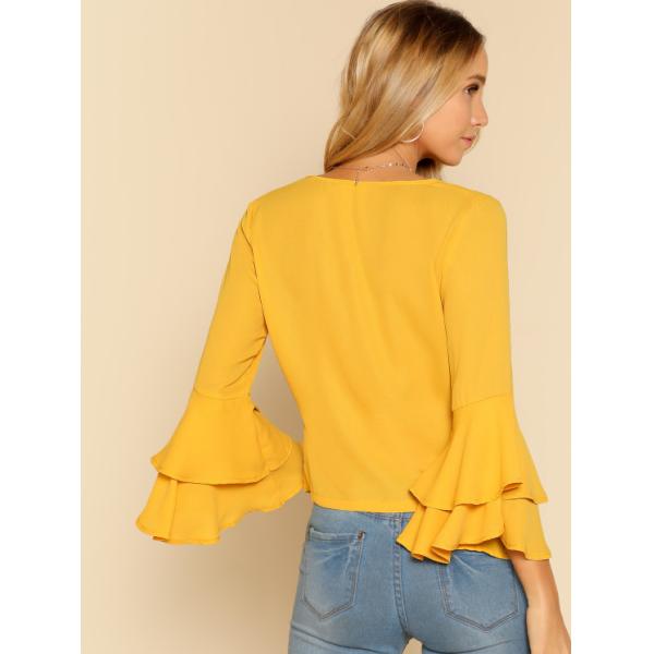 Lady deep v neck flounce sleeve sexy fashion blouse with tie