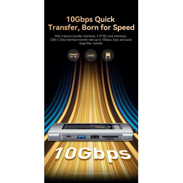 External Hard Drive Enclosure 8 In 1 Laptop USB C HUB 10Gbps For M.2 PCIe NVMe And SATA SSD