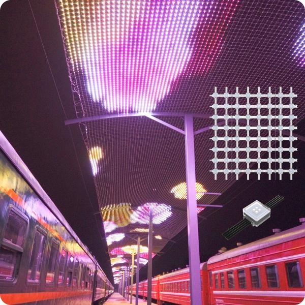 Outdoor landscape lighting on the exterior walls of the building colored LED grid screen