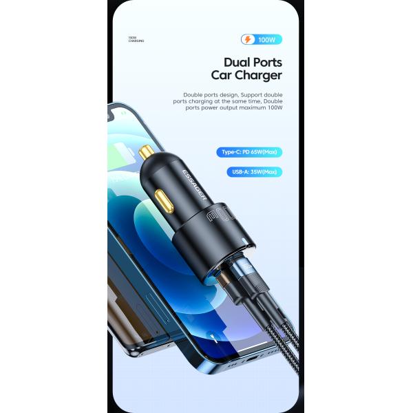 A+C Car Charger Black PD65W Type C And 35W USB-A Dual Port 100W Car Charger