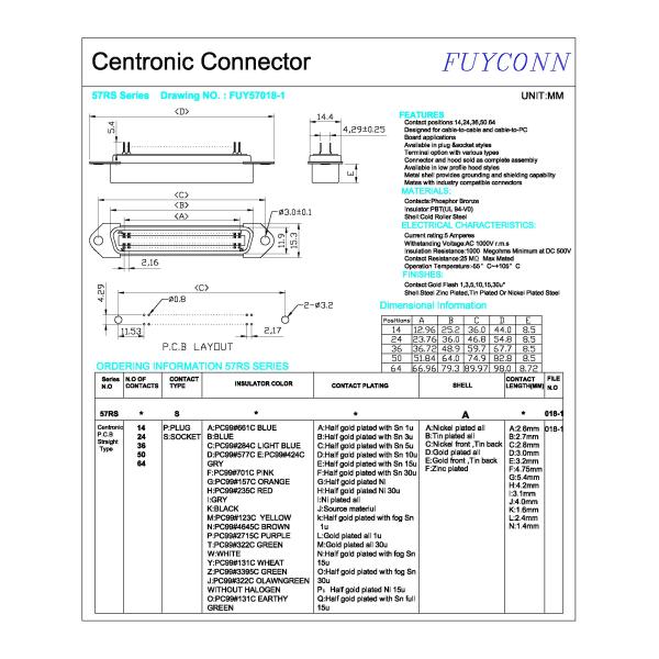 PCB Board PCB Straight Female Centronics 64 Pin Connector DIP Type