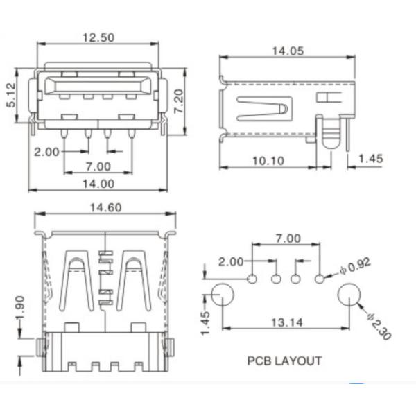 Plug In Plate Sinking Right Angle Usb Connector , Usb Type A Female Port