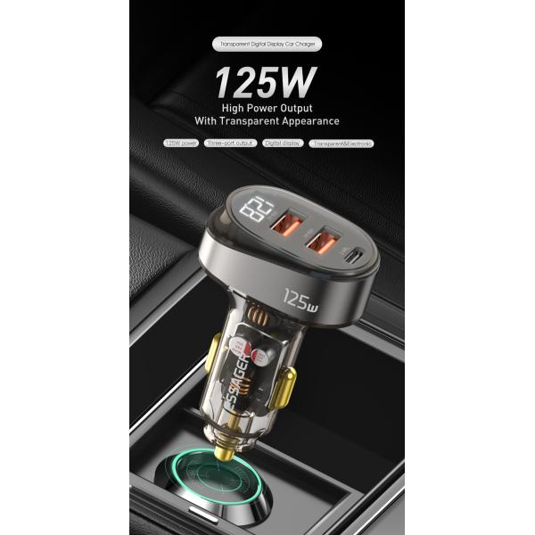 Official Store Digital Display Car Chargers 125W Transparent with 1 Type-C 2 USB-A