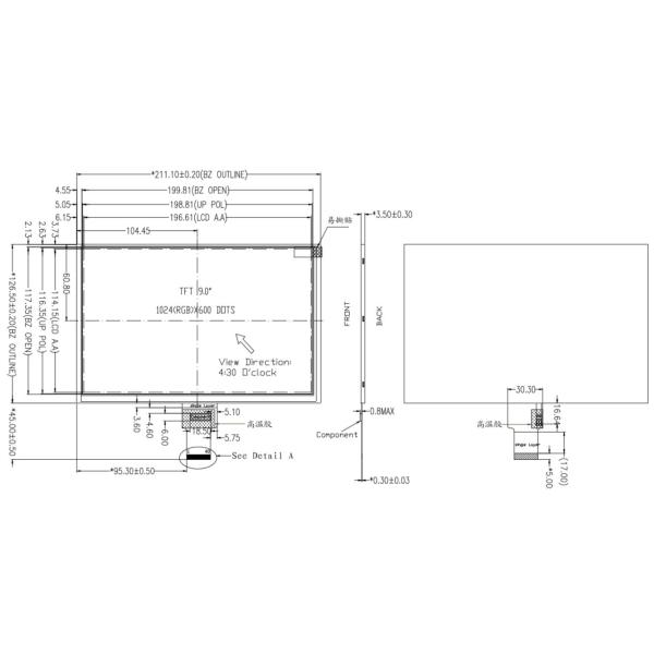 LVDS Interface TFT LCD Display Module 9.0 Inch 1024 x 600 Pixels Resolution