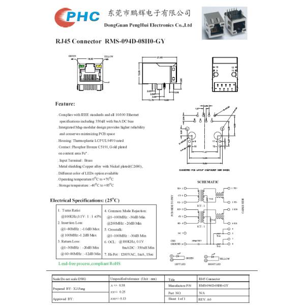 PCB Jack 1- port RJ45 Connector with LED 8 pin Shielded and Through Hole Plug