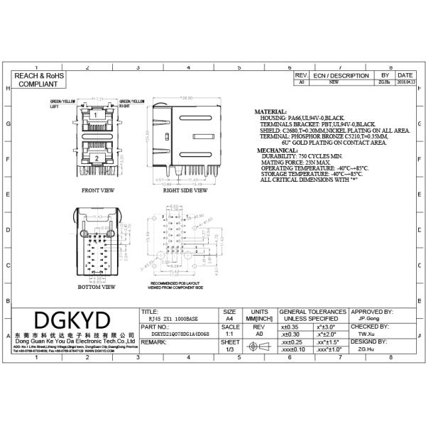 Gigabit Ethernet Modular Jack 2 Port RJ45 Connector 2x1 Offset St / Jk With Leds