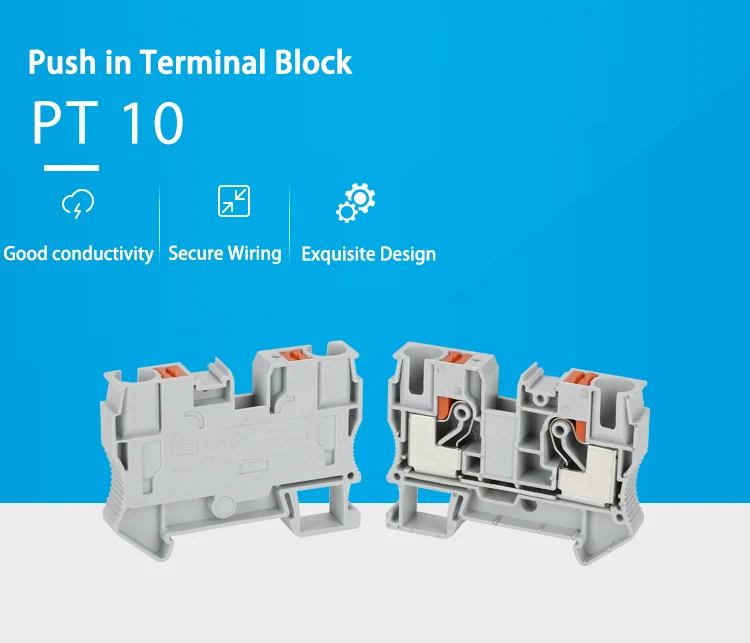 PT10 Push-in Terminal Block Din Rail Wire Electrical Connector 10mm² Spring Screwless Feed-Through Strip Plug PT-10
