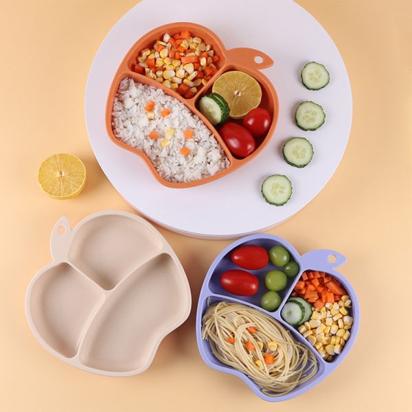 Apple Shape Silicone Baby Tray Custom Suction Feeding Plate Set
